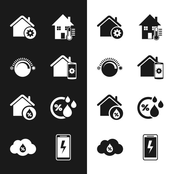 设置智能家居远程控制系统，恒温器，设置，室内温度，湿度，湿度，手机充电电池和图标。向量图片下载