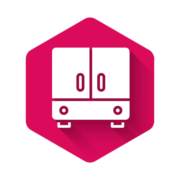 白色衣柜图标孤立与长阴影背景。粉红色的六角按钮。向量图片下载