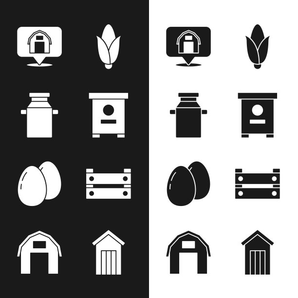 设置蜂巢蜜蜂，罐容器牛奶，位置农场房子，玉米，鸡蛋，木箱，户外厕所和农场图标。向量图片下载