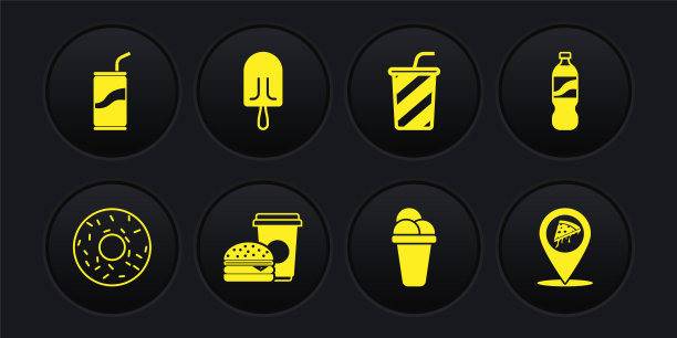 设置甜甜圈，瓶装水，咖啡和汉堡，冰淇淋，玻璃杯，位置切片披萨和苏打水可以喝吸管图标。向量图片下载