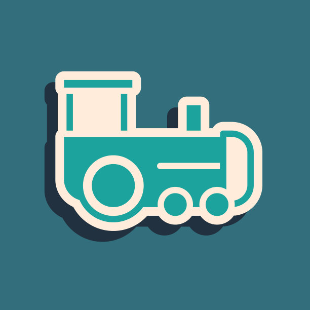 绿色玩具火车图标孤立在绿色背景。长长的阴影风格。向量图片下载