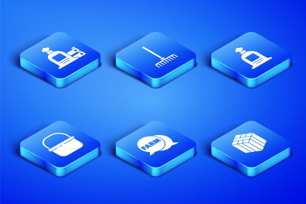 集捆干草，全袋和木盒子，演讲泡沫与农场，篮子，花园耙子和图标。向量图片下载