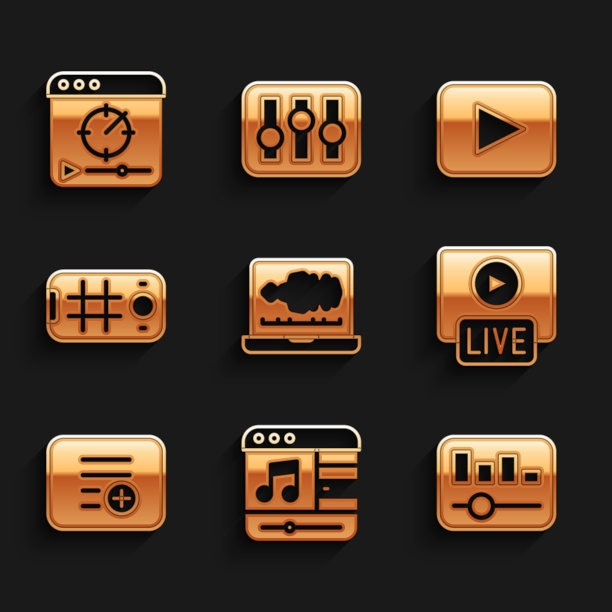 设置声音或音频记录器，音乐播放器，均衡器，现场流，添加到播放列表，在手机上自拍，播放按钮和在线视频图标。向量图片下载