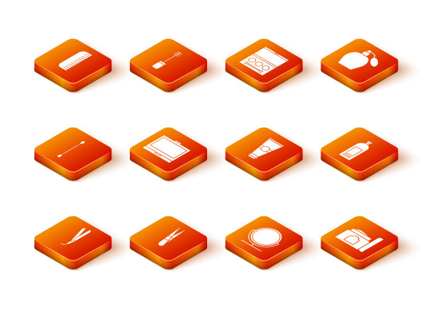 卷发棒，眉钳，耳部棉签，化妆粉带镜，圆妆，乳液化妆管，乳霜和洗发水图标。向量图片下载