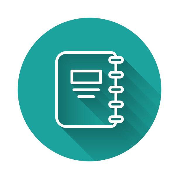 白线笔记本图标与长阴影背景隔离。螺旋记事本图标。学校的笔记本。书写纸。学校的日记。绿色圆圈按钮。向量图片下载