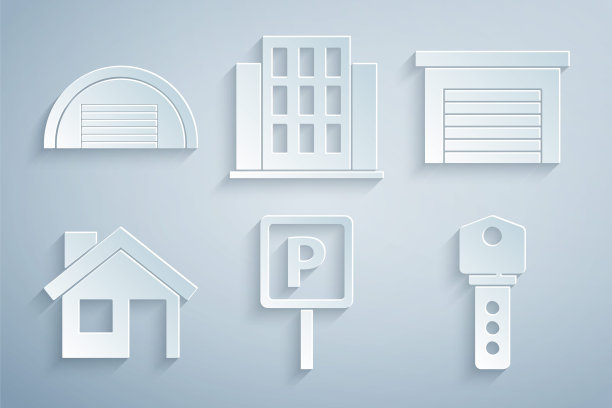 设置停车，车库，房子，钥匙和图标。向量图片下载