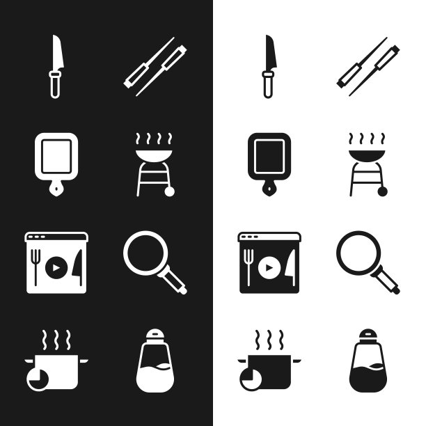 集烧烤架，砧板，刀，食物筷子，烹饪直播，煎锅，盐和锅图标。向量图片下载