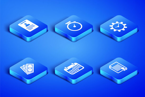 设置证书模板，标识牌，日历，叠纸币现金，秒表和时间管理图标。向量图片下载