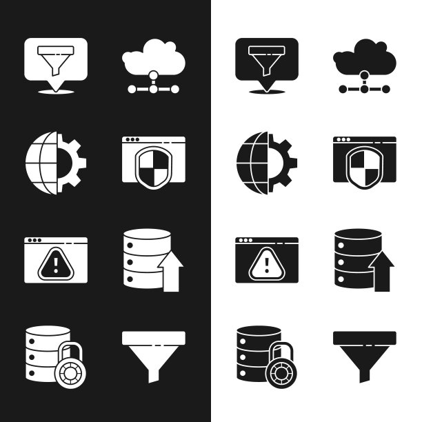 设置浏览器与屏蔽，地球和齿轮，位置销售漏斗，网络云连接，感叹号，服务器，数据，Web主机，销售和安全锁图标。向量图片下载