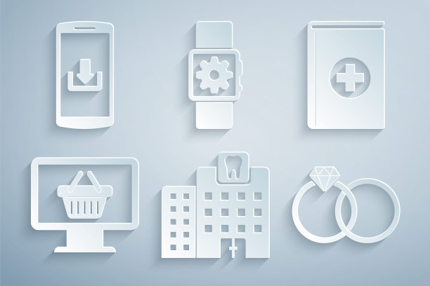 设置牙科诊所，医疗书，监视器与购物篮，结婚戒指，智能手表设置和智能手机下载图标。向量图片下载