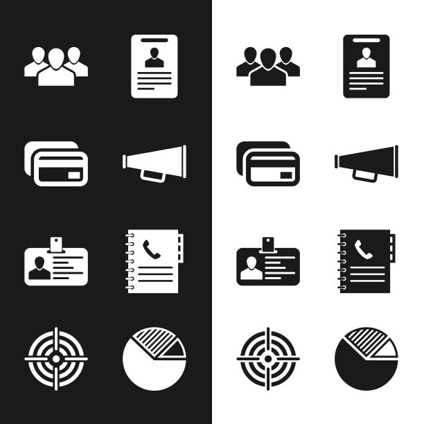 设置扩音器、信用卡、用户组、标识牌、电话簿图标。向量图片下载