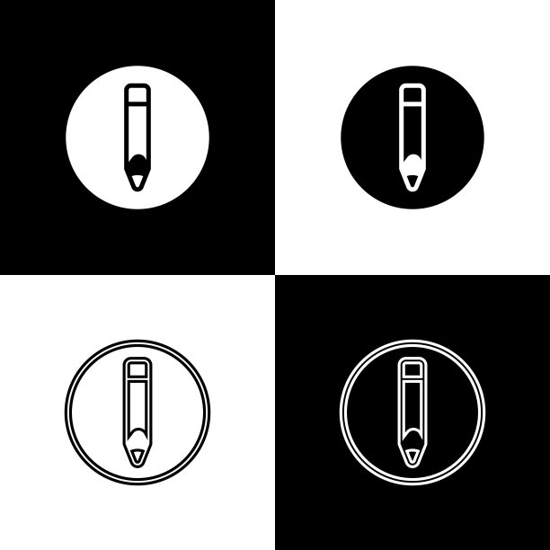 设置铅笔图标隔离在黑色和白色背景。绘画和教育工具。学校办公室的象征。向量图片下载