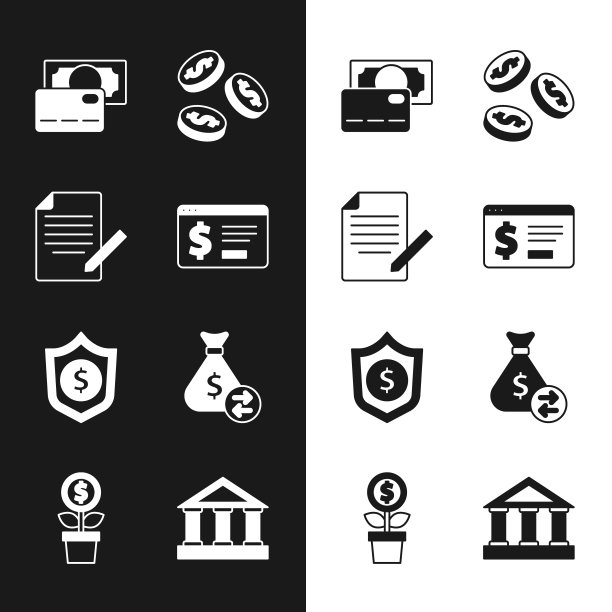 设置网上银行与美元，文件和笔，信用卡，硬币钱，盾牌，钱袋，银行建筑和美元植物图标。向量图片下载