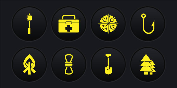 设置营火，钓钩，攀岩绳，铲子，风玫瑰，急救箱，树和棉花糖棍图标。向量图片下载