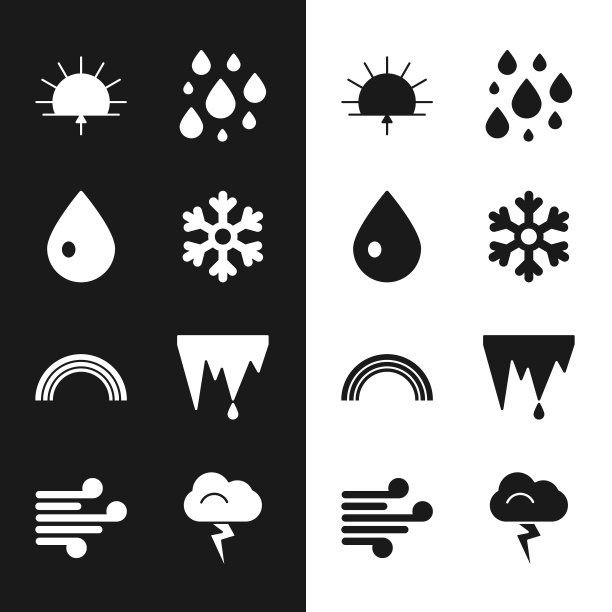 设置雪花，水滴，日出，彩虹，冰柱，风暴和风图标。向量图片下载