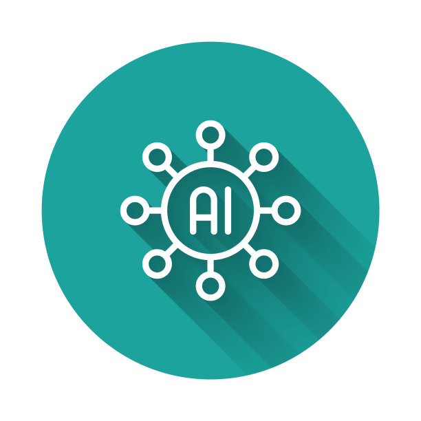 白线神经网络图标隔离与长阴影背景。人工智能AI。绿色圆圈按钮。向量图片下载