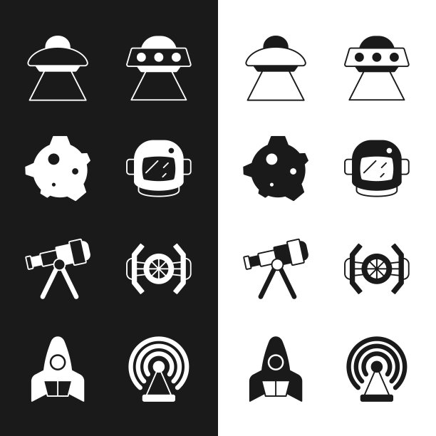 设置宇航员头盔，小行星，飞碟飞行宇宙飞船，望远镜，宇宙，雷达和火箭图标。向量图片下载