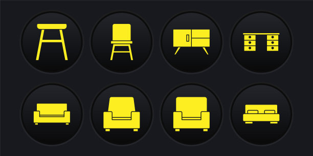 设置沙发，办公室书桌，扶手椅，衣柜抽屉，椅子，大床和图标。向量图片下载