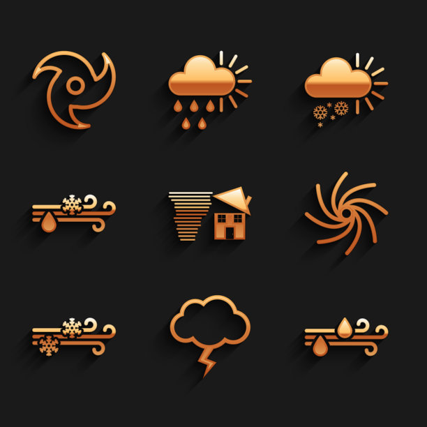 设置龙卷风漩涡，风暴，风雨，雪，有，多云和图标。向量图片下载