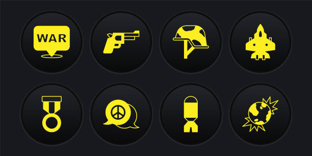 设置军事奖励奖章，喷气战斗机，和平，火箭发射器，头盔，手枪或枪，炸弹爆炸行星地球和单词图标。向量图片下载