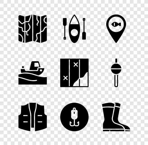 集合折叠地图，皮艇或独木舟，位置钓鱼，钓鱼夹克，钩，靴子，船水和图标。向量图片下载
