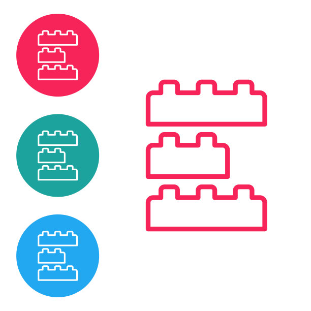 红线玩具积木积木为儿童图标孤立在白色背景。在圆形按钮中设置图标。向量图片下载