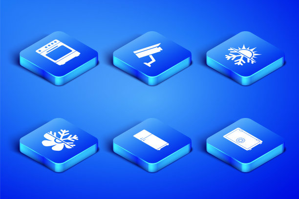 设置保险箱，烤箱，冰箱，空调，安全摄像头和太阳和雪花图标。向量图片下载