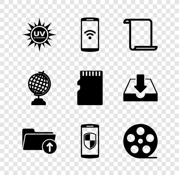 设置紫外线保护，无线智能手机，纸卷轴，下载箭头文件夹，屏蔽和胶片卷轴图标。向量图片下载