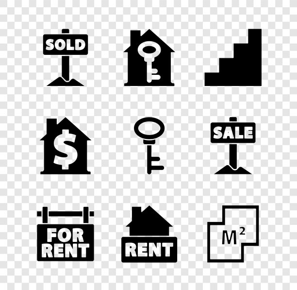设置悬挂标志与文字出售，房子钥匙，楼梯，出租，计划，美元符号和图标。向量图片下载
