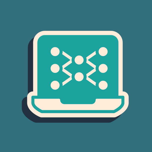 绿色神经网络图标隔离在绿色背景上。人工智能AI。长长的阴影风格。向量图片下载