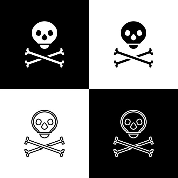 在黑白背景上设置骷髅图标。快乐的万圣节派对。向量图片下载