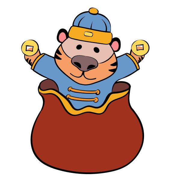 老虎跳出钱袋，金元硬币向量中国新年图片下载