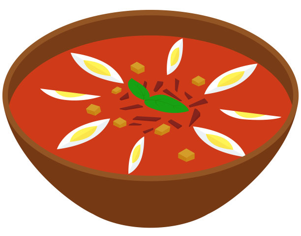 番茄沙拉汤，面包和煮熟的鸡蛋图片下载