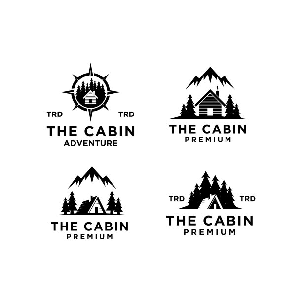 集精选优质木屋和山松林复古矢量黑色设计孤立的白色背景图片下载