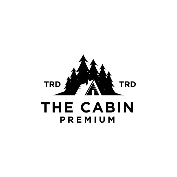 优质木制小屋和松林复古矢量黑色设计孤立的白色背景图片下载