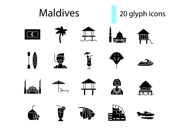 马尔代夫字形图标设置。马累的平房和著名建筑。手掌。黑色象征。孤立的矢量图图片下载