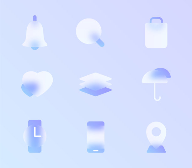 玻璃形态时尚风格图标集。透明玻璃颜色矢量图标与模糊和紫色梯度。用于网页和UI设计，移动应用程序和促销业务图片下载