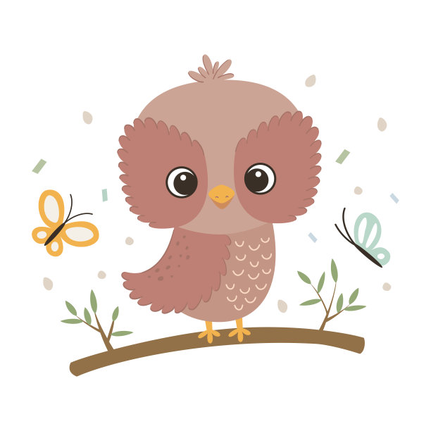树枝上可爱的猫头鹰和蝴蝶。你好,春天。矢量插图。图片下载