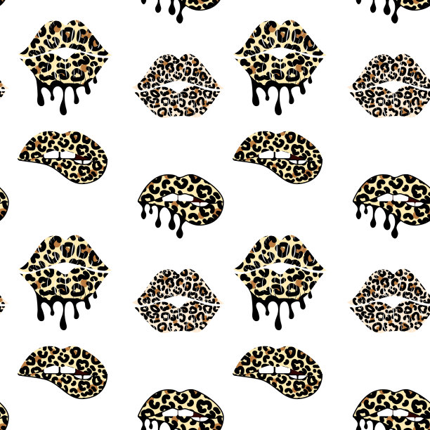 豹纹唇吻和咬唇。唇膏融化。无缝模式。单股矢量图图片下载