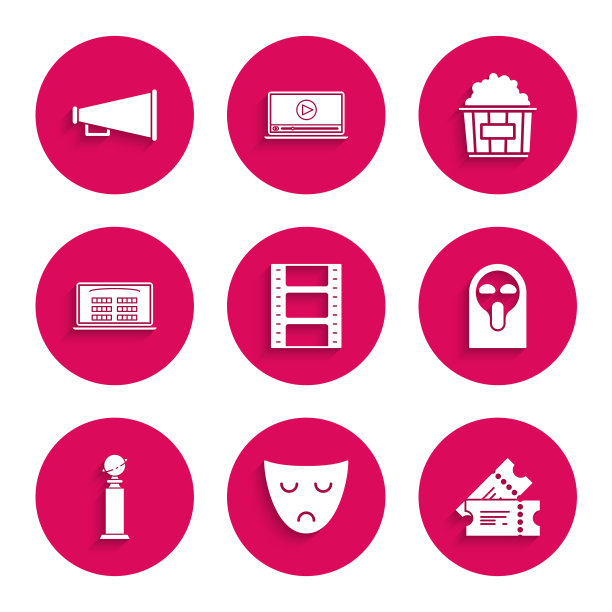 集播放视频，戏剧戏剧面具，电影票，滑稽和可怕的鬼，奖杯金球奖，网上购买电影院，爆米花纸箱和话筒图标。向量图片下载