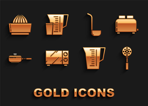 设置微波炉，烤面包机吐司，铲子，量杯，平底锅，厨房勺子，柑橘果汁机和图标。向量图片下载