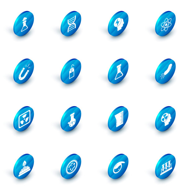 集DNA符号，头和电，原子，磁铁，放射性，实验室洗瓶瓶，细菌和试管烧瓶化学图标。向量图片下载