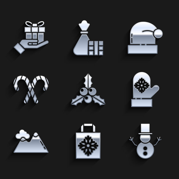 集枝viburnum或guelder玫瑰，圣诞纸购物袋，雪人，手套，山，糖果藤条，圣诞老人帽子和礼盒手图标。向量图片下载