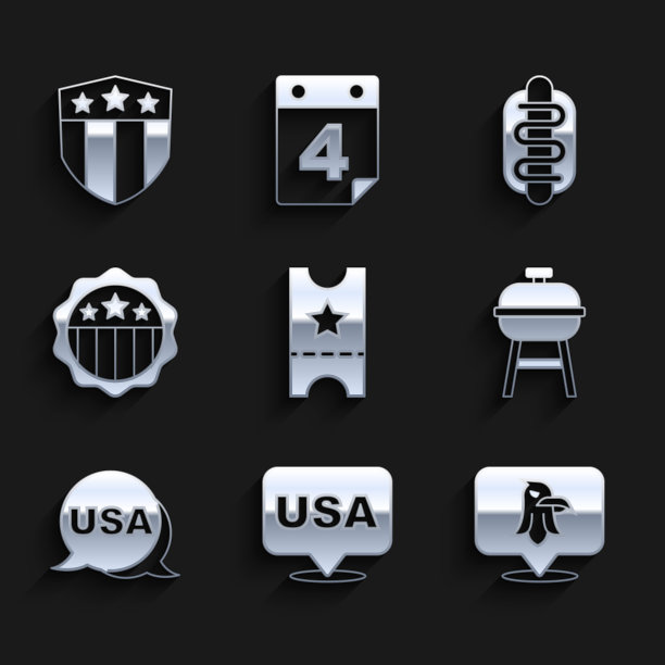 Set Baseball ticket, USA Independence day, Eagle, Barbecue grill, Hotdog sandwich and Shield with stars icon. Set Baseball ticket, USA Independence day, Eagle, Barbecue grill, Hotdog sandwich and Shield with stars icon。向量图片下载