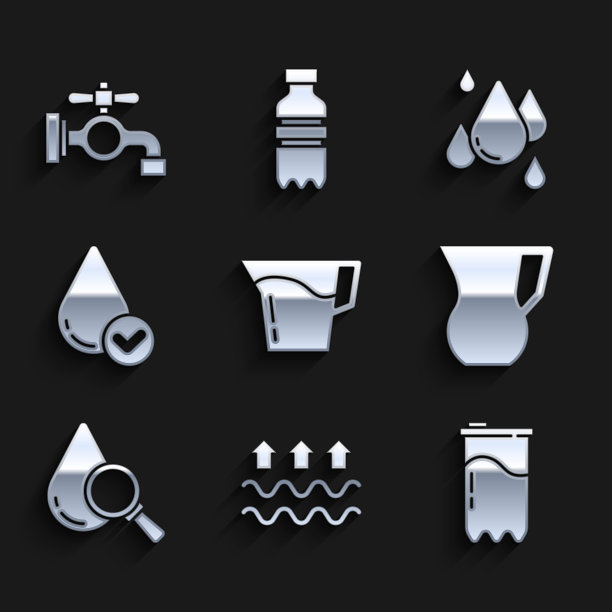 设置水壶玻璃水，波浪和蒸发，水过滤器，滴放大，滴，和点击图标。向量图片下载