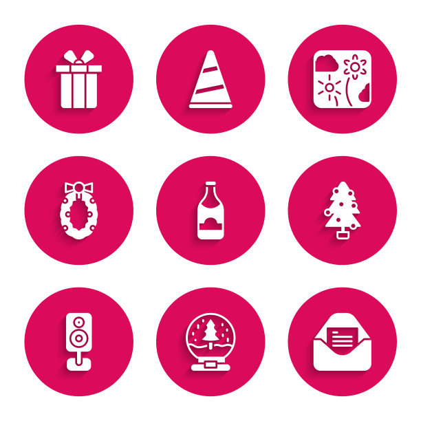 设置香槟瓶，圣诞雪球，派对邀请卡，树，立体声扬声器，花环，烟花火箭和礼盒图标。向量图片下载