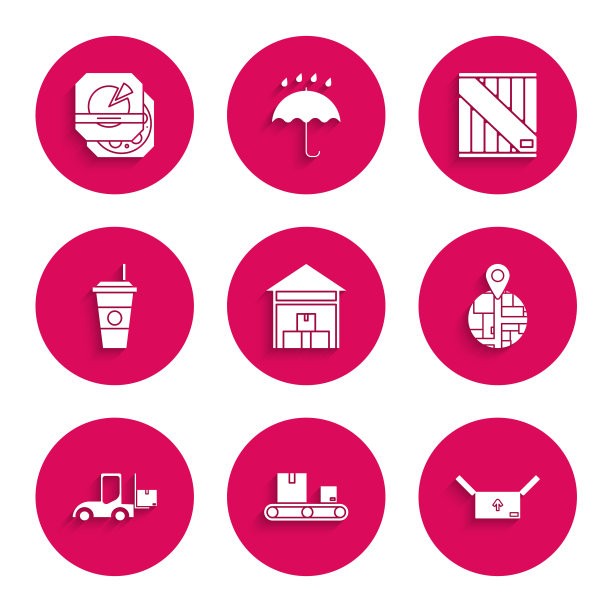 集仓库，传送带与纸箱，纸板交通标志，叉车，咖啡杯，木制和比萨的图标。向量图片下载