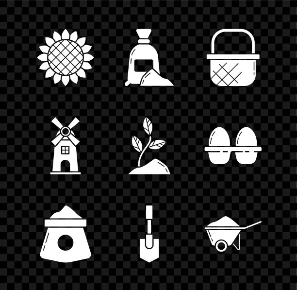 设置向日葵，袋面粉，购物篮，铲子，手推车与灰尘，风车和发芽图标。向量图片下载