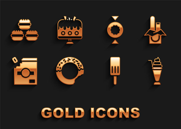 设置甜甜圈，巧克力棒，奶昔，冰淇淋，糖果包装糖果，马卡龙饼干和蛋糕盘图标。向量图片下载