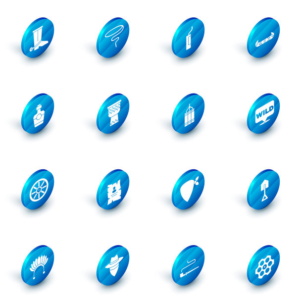 设置套索，炸药炸弹，独木舟或独木舟和桨，龙舌兰瓶，旧木制车轮，鼓，指示野生西部和图标。向量图片下载